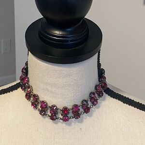 White House Black Market Three Row Rhinestone Raspberry Fuchsia Collar Necklace
